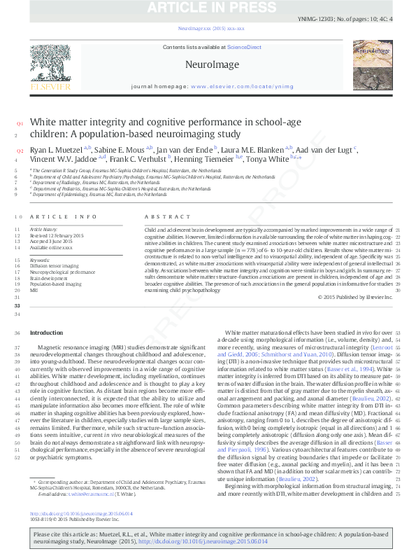 (PDF) White matter integrity and cognitive performance in school-age ...