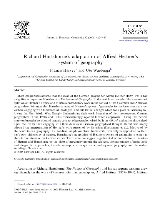 (PDF) Richard Hartshorne's adaptation of Alfred Hettner's system of geography Francis Harvey