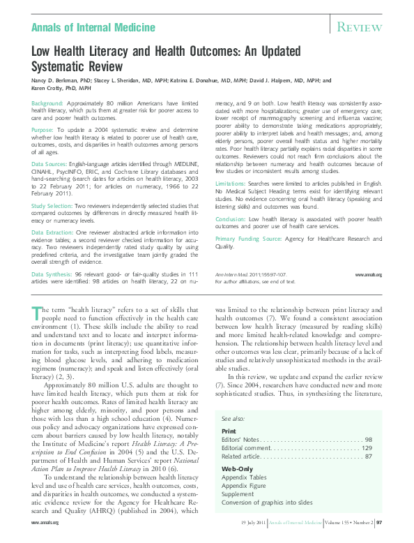 (PDF) Low Health Literacy and Health Outcomes: An Updated Systematic Review