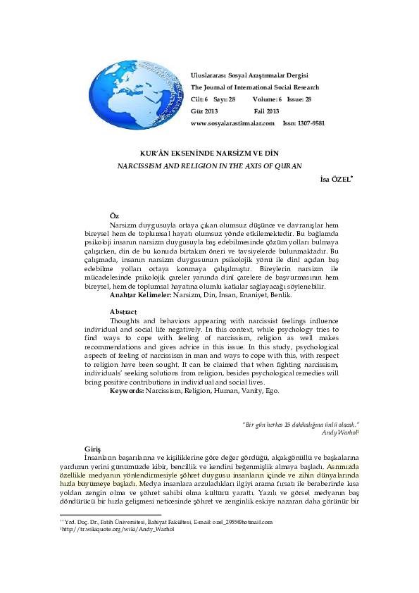 (PDF) NARCISSISM AND RELIGION IN THE AXIS OF QURAN isa özel