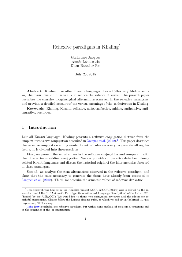 (PDF) Reflexive paradigms in Khaling