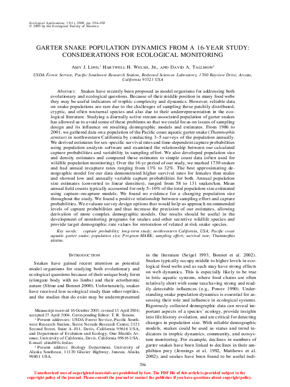 (PDF) Garter Snake Population Dynamics From a 16-YEAR Study ...