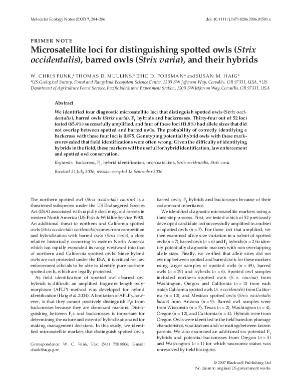 (PDF) Microsatellite loci for distinguishing spotted owls ( Strix ...