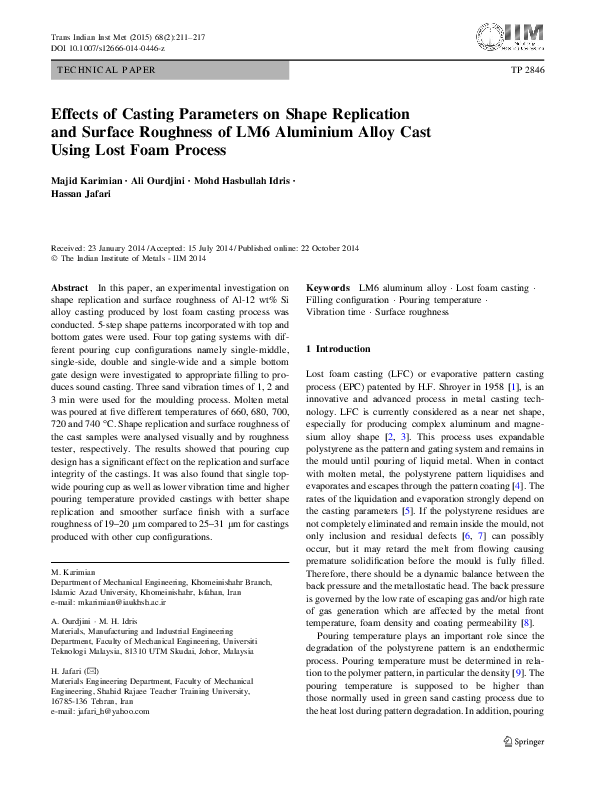 (PDF) Effects of Casting Parameters on Shape Replication and Surface ...