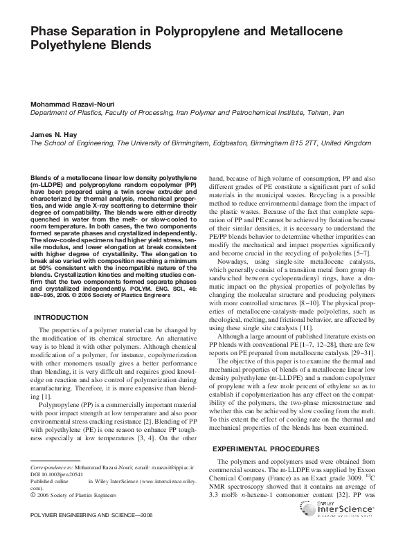 (PDF) Phase separation in polypropylene and metallocene polyethylene blends