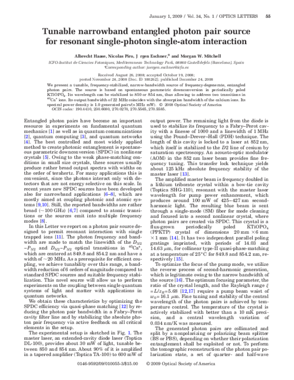 (PDF) Tunable narrowband entangled photon pair source for resonant ...