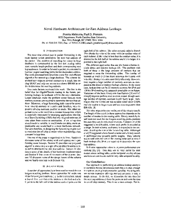 (PDF) Novel hardware architecture for fast address lookups