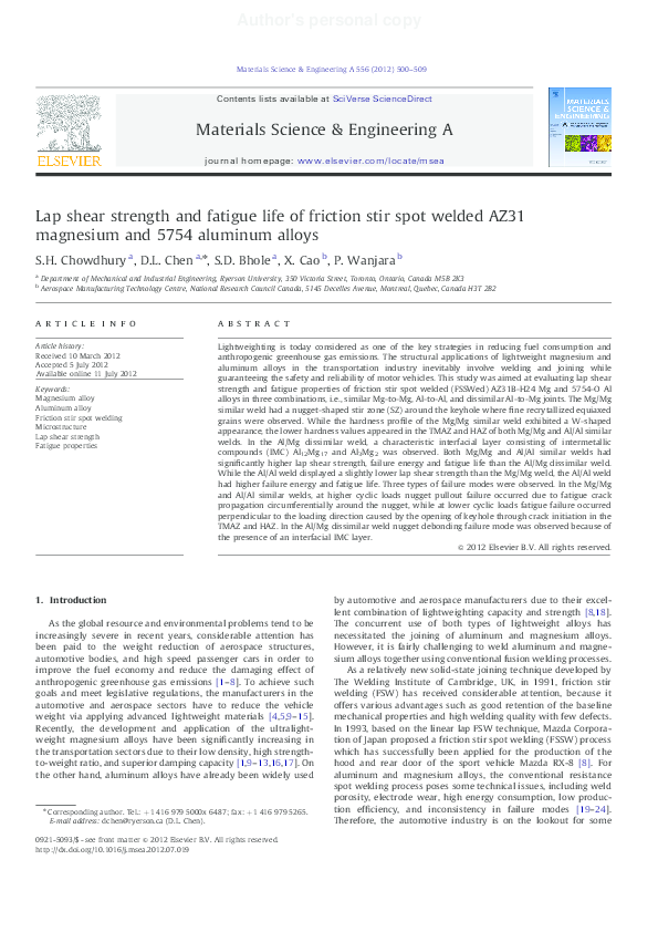 (PDF) Lap shear strength and fatigue life of friction stir spot welded ...