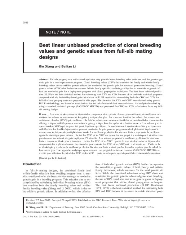 (PDF) Best linear unbiased prediction of clonal breeding values and
