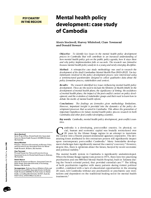 (PDF) Mental health policy development: case study of Cambodia | Donald