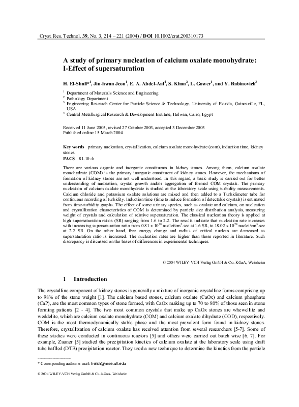 (PDF) A study of primary nucleation of calcium oxalate monohydrate: II ...