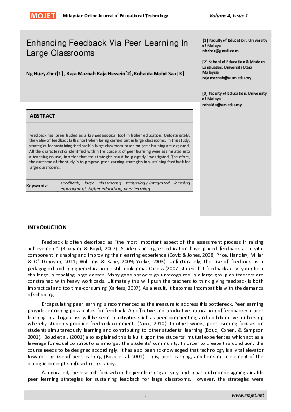 (PDF) Enhancing Feedback Via Peer Learning In Large Classrooms