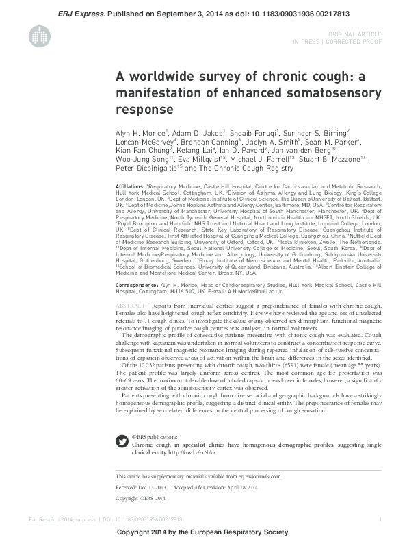 (PDF) A worldwide survey of chronic cough: a manifestation of enhanced ...