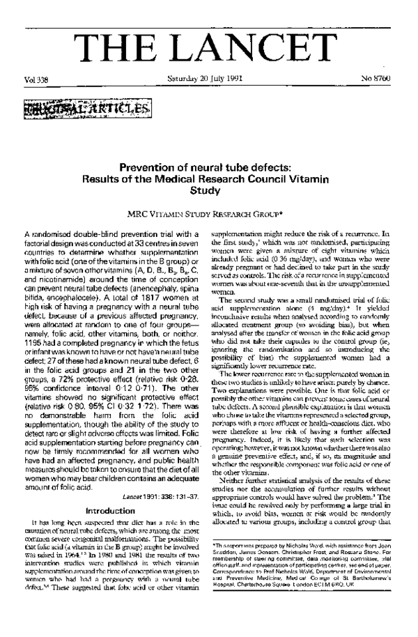 (PDF) Prevention of Neural Tube Defects: Results of the Medical ...
