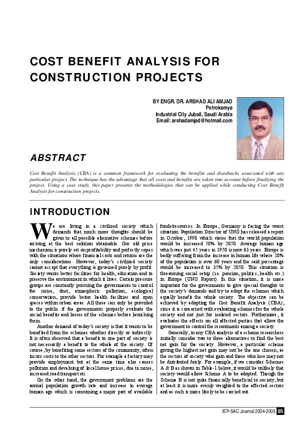 (PDF) COST BENEFIT ANALYSIS FOR CONSTRUCTION PROJECTS Dr. Arshad