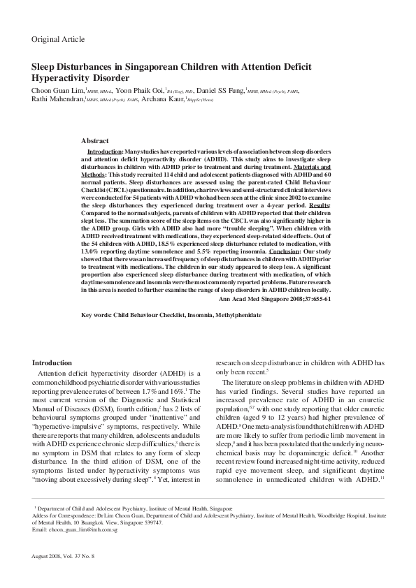 (PDF) Sleep Disturbances in Singaporean Children with Attention Deficit ...