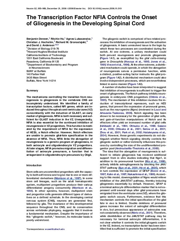 (PDF) The Transcription Factor NFIA Controls the Onset of Gliogenesis ...