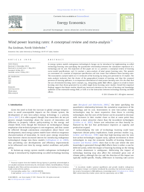 (PDF) Wind power learning rates: A conceptual review and meta-analysis