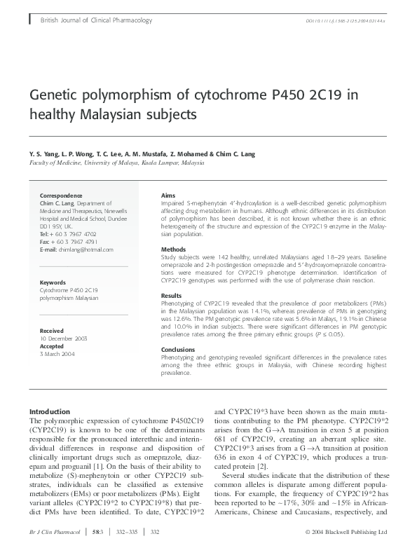 (PDF) Genetic polymorphism of cytochrome P450 2C19 in healthy Malaysian ...