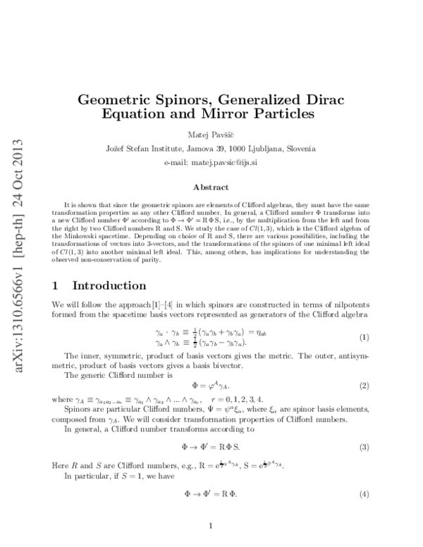 (PDF) Geometric Spinors, Generalized Dirac Equation and Mirror Particles