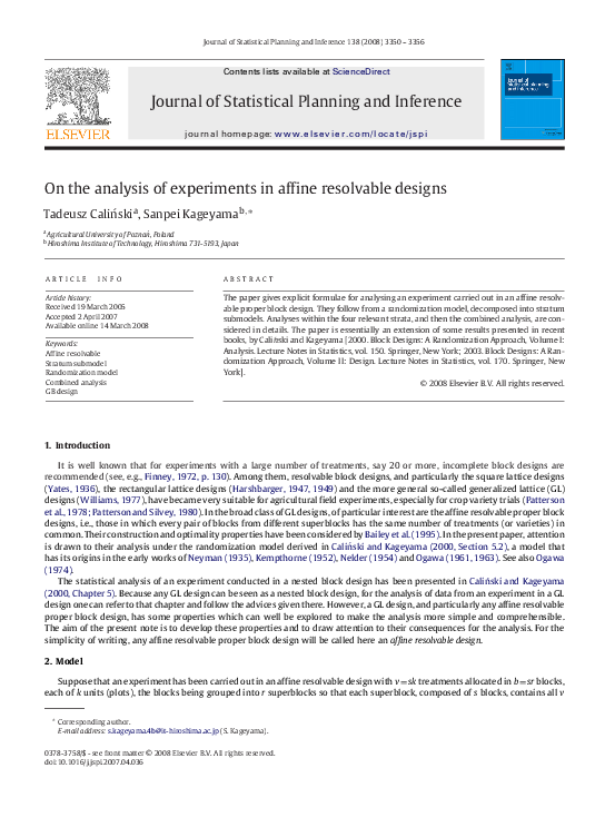 (PDF) On the analysis of experiments in affine resolvable designs