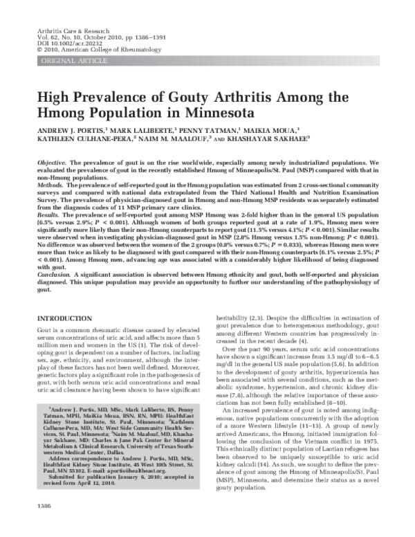 (PDF) High prevalence of gouty arthritis among the Hmong population in
