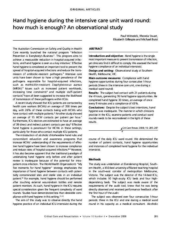 (PDF) Hand hygiene during the intensive care unit ward round how much
