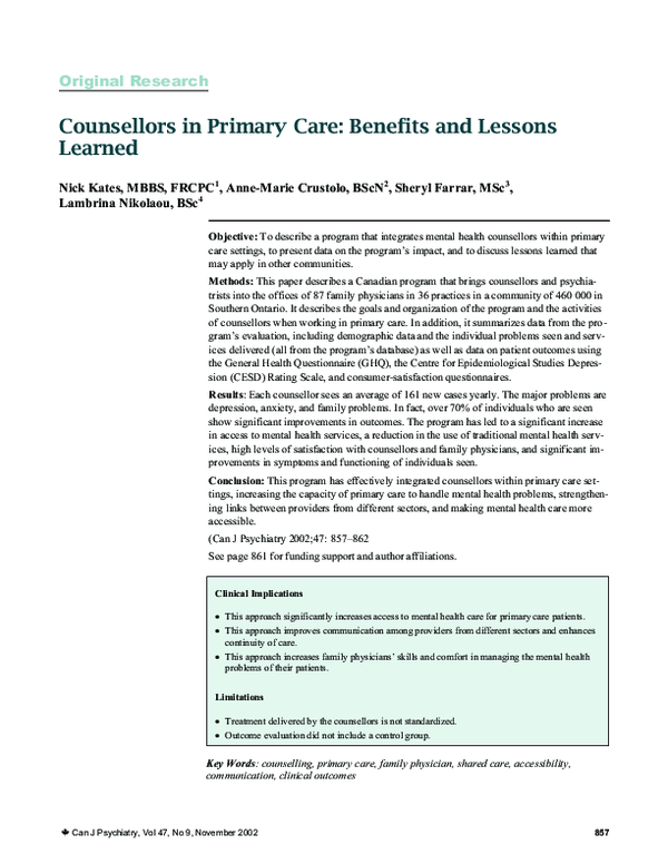(PDF) Counsellors in primary care: benefits and lessons learned