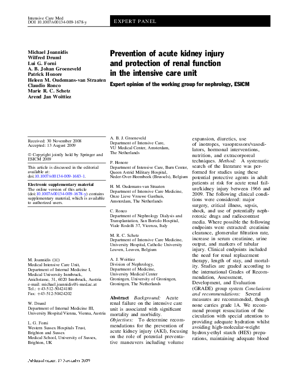(PDF) Prevention of acute kidney injury and protection of renal ...
