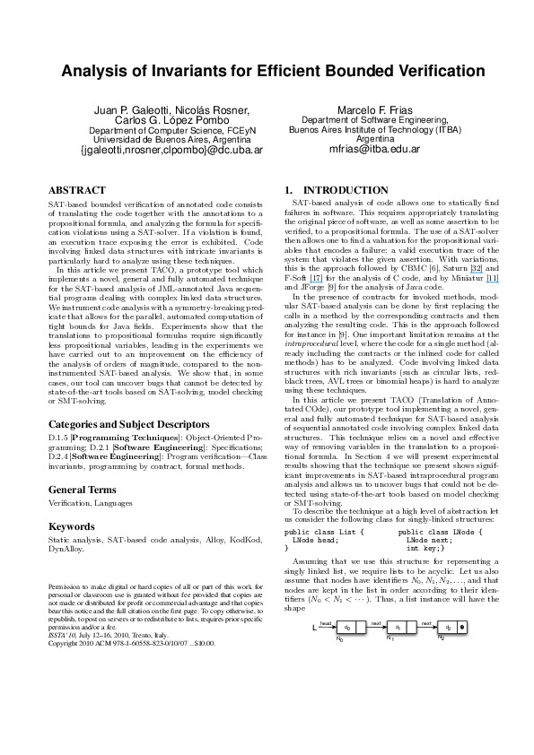 (PDF) Analysis of invariants for efficient bounded verification
