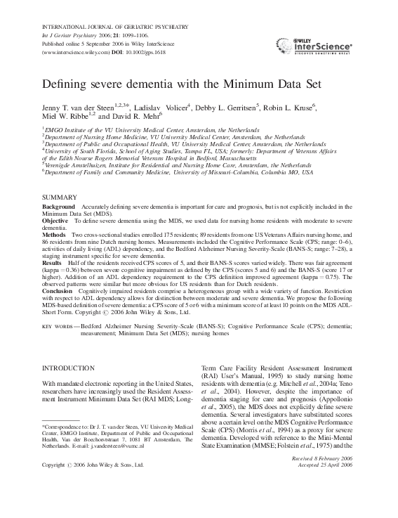(PDF) Defining severe dementia with the Minimum Data Set