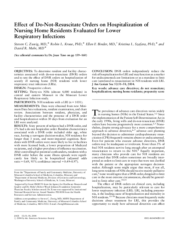 (PDF) Effect of DoNotResuscitate Orders on Hospitalization of Nursing