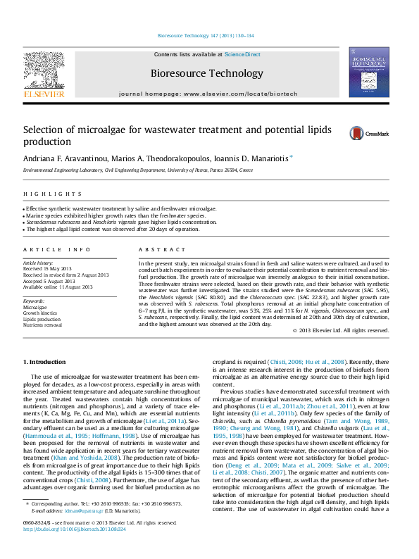 (PDF) Selection of microalgae for wastewater treatment and potential ...