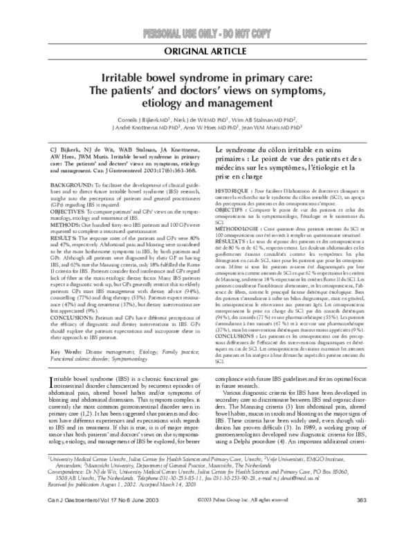 (PDF) Irritable bowel syndrome in primary care: The patient's and ...