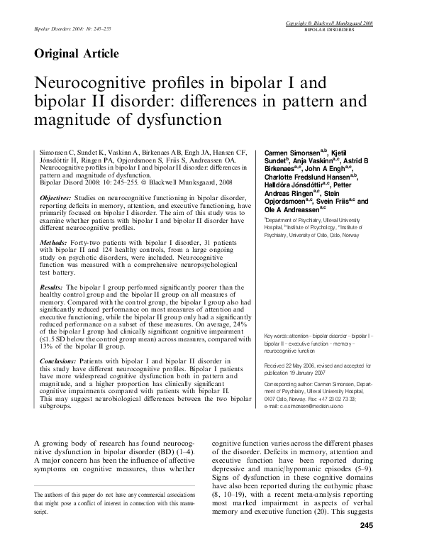 (PDF) Neurocognitive profiles in bipolar I and bipolar II disorder ...