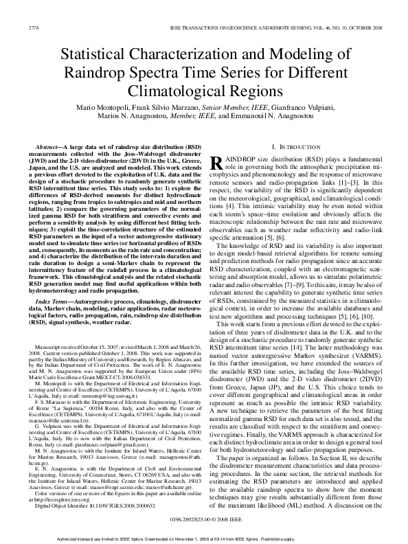 (PDF) Statistical Characterization and Modeling of Raindrop Spectra ...