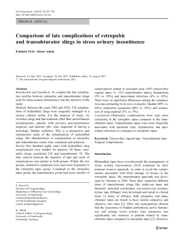 Picture Idea: Pdf Comparison Of Late Complications Of Retropubic And Transobturator