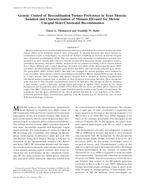 (PDF) Genetic control of recombination partner preference in yeast ...