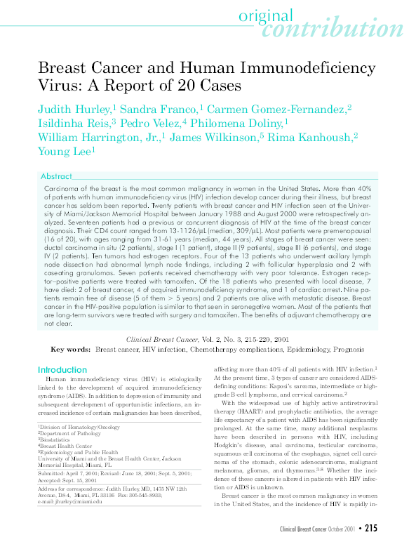 (PDF) Breast Cancer and Human Immunodeficiency Virus: A Report of 20 Cases
