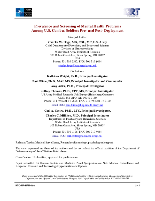 (PDF) Prevalence and Screening of Mental Health Problems Among U.S ...