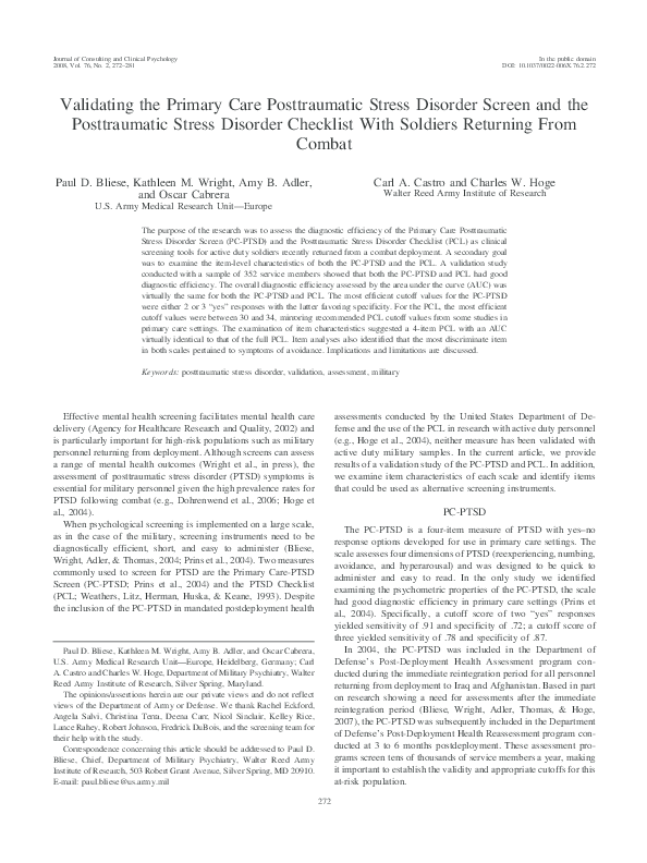 (PDF) Validating the primary care posttraumatic stress disorder screen ...