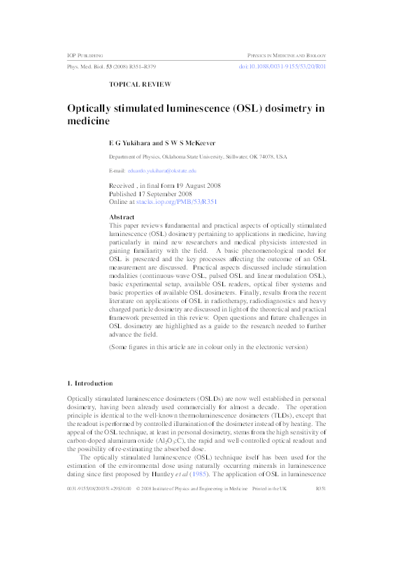 (PDF) Optically stimulated luminescence (OSL) dosimetry in medicine