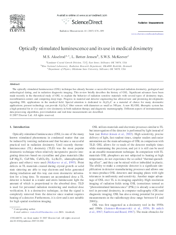 (PDF) Optically stimulated luminescence and its use in medical dosimetry