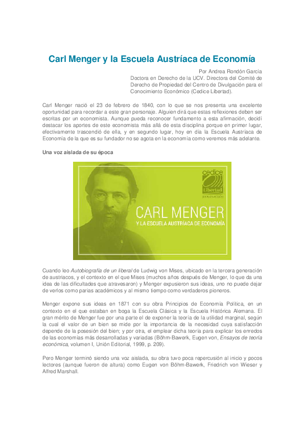 (PDF) Carl Menger y la Escuela Austríaca de Economía Andrea Rondón Academia.edu