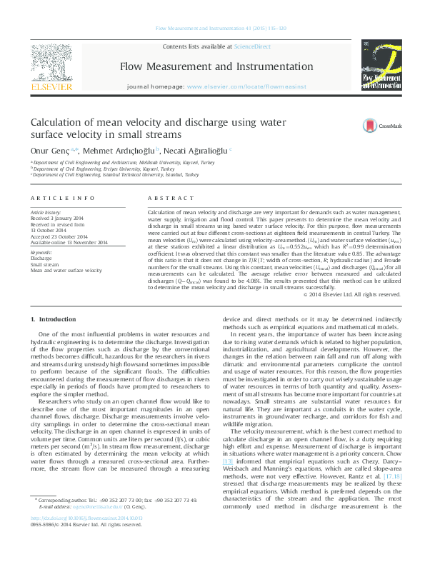 (PDF) Calculation of mean velocity and discharge using water surface velocity in small streams