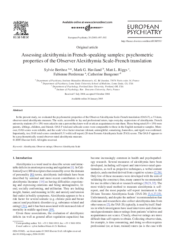 (PDF) Assessing alexithymia in French-speaking samples: psychometric ...