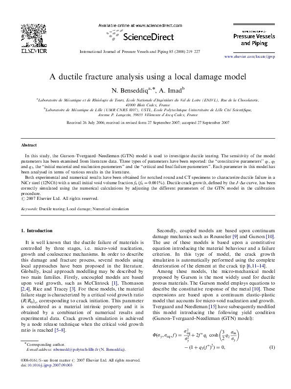 (PDF) A ductile fracture analysis using a local damage model