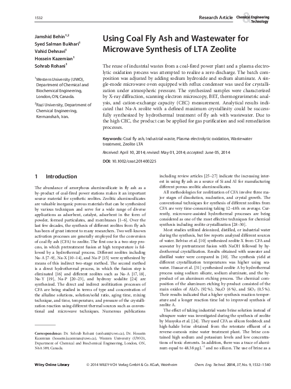 (PDF) Using Coal Fly Ash and Wastewater for Microwave Synthesis of LTA ...