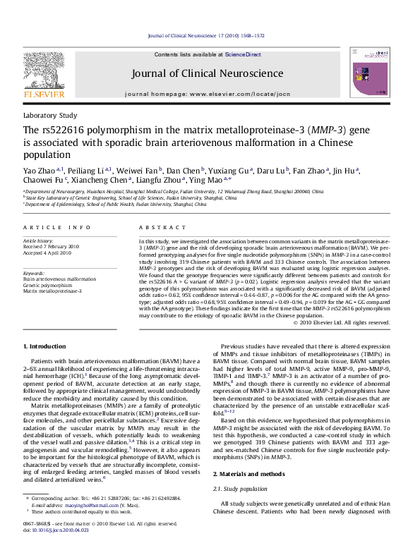 (PDF) The rs522616 polymorphism in the matrix metalloproteinase-3 (MMP ...