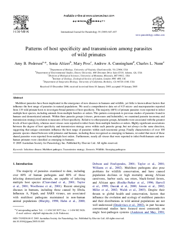 (PDF) Patterns of host specificity and transmission among parasites of ...